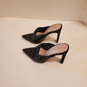 Miss Lola Black Ribbed Pointed Open Toe Mule Slender Block High Heel Size 7